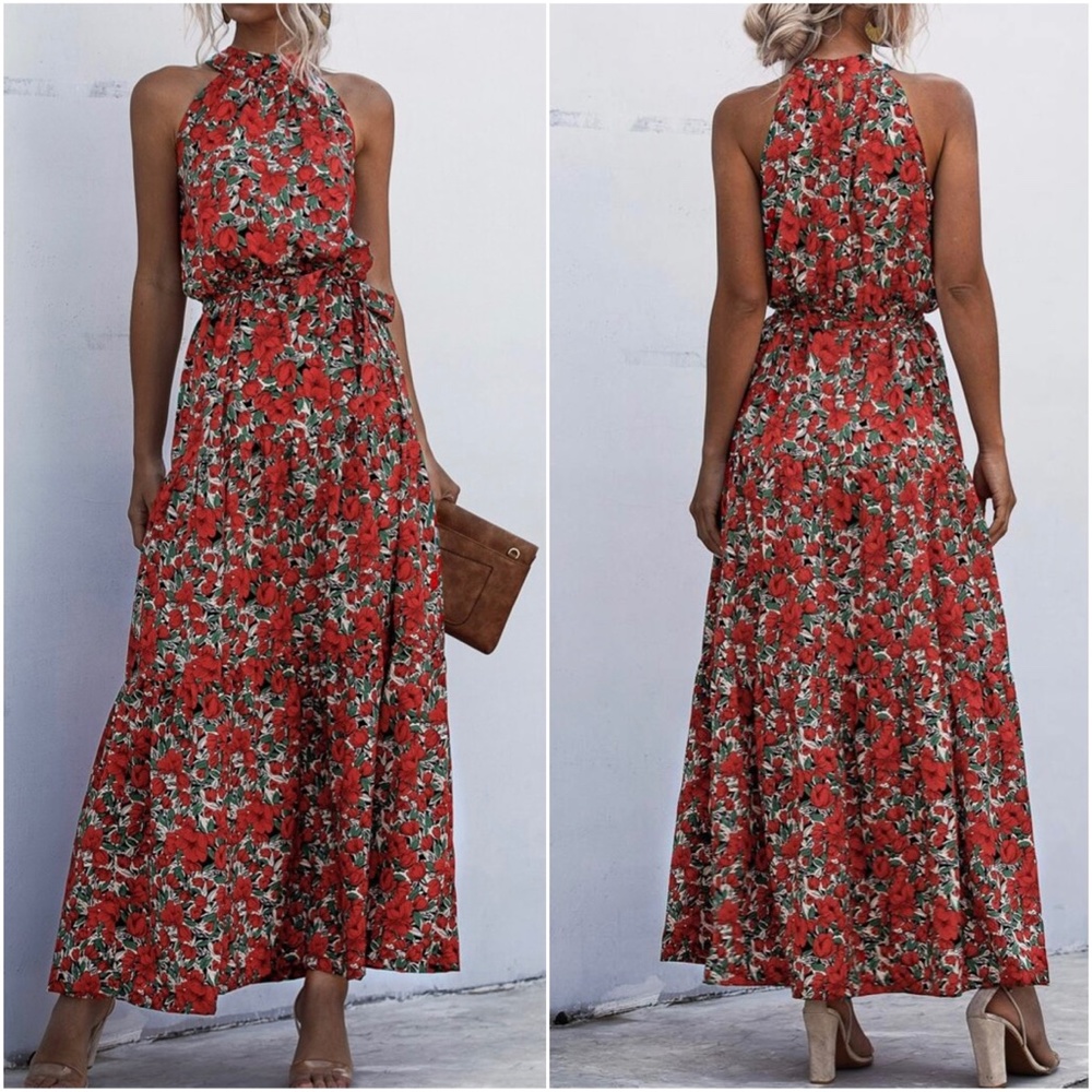 NWT Boho Red Floral Halter Maxi Dress